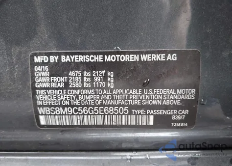 2016 BMW M3 z USA, uszkodzony, nr VIN WBS8M9C56G5E68505